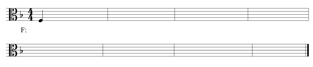 blank alto clef staff, 1 flat, 4/4, starting note F quarter note, 8 bars, in the key of F major