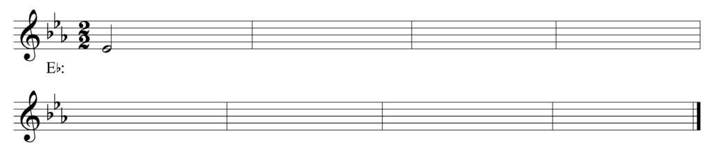 blank treble clef staff, 3 flats, 2/2, starting note E-flat half note, 8 bars, in the key of E-flat major
