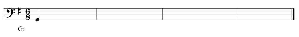 blank bass clef staff, one sharp, 6/8, starting note G quarter note, 4 bars, in the key of G major