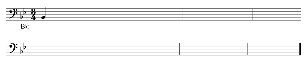 blank bass clef staff, two flats, 3/4, starting note B-flat quarter note, 8 bars, in the key of B-flat major