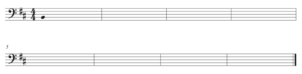 blank bass clef staff, two sharps, 4/4, starting note B2, 8 bars