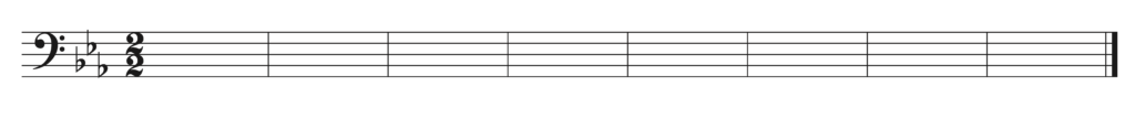 blank bass clef staff, 3 flats, 2/2, 8 bars
