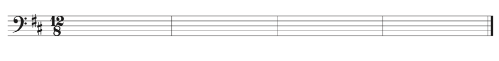 blank bass clef staff, two sharps, 12/8, 4 bars