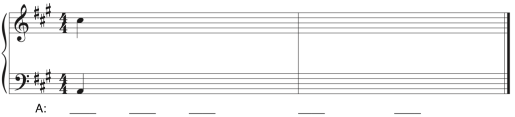 blank Grand staff, A major, 4/4, C-sharp 5 and A2 as starting notes, five blanks beneath staff including first chord