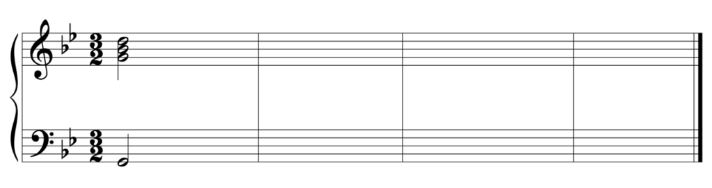 blank Grand staff, 2 flats, 3/2. Starting notes are G2, G4, B-flat 4, D5. Four bars.