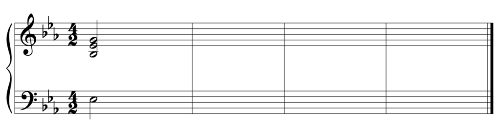 blank Grand staff, 3 flats, 4/2. Starting notes are E-flat 3, B-flat 3, E-flat 4, G4. Four bars.