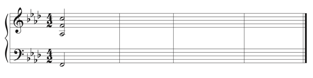 blank Grand staff, 4 flats, 4/2. Starting notes are F2, A-flat 3, F4, C5. Four bars.