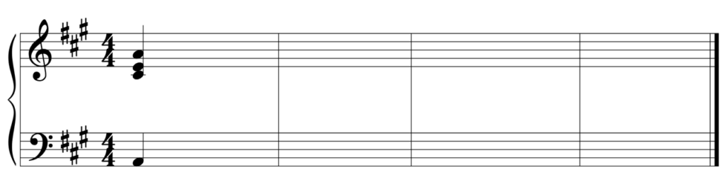 blank Grand staff, 3 sharps, 4/4. Starting notes are A2, C-sharp 4, E4, A4. Four bars.
