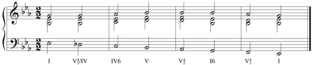 Solution to harmonic dictation. Roman numerals: one, five-four-two of four, four-six, five, five-four-two, one-six, five-four-three, one