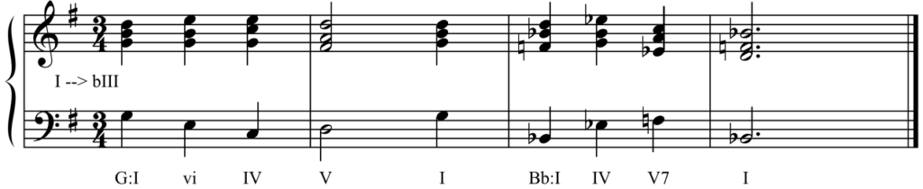 Solution to harmonic dictation. G major: one, six, four, five, one. B-flat major: one, four, five-seven, one.