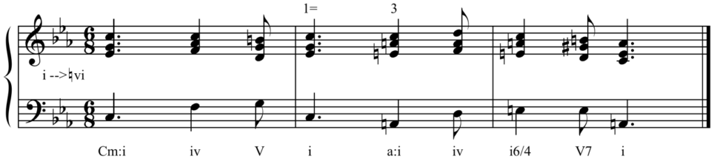 Solution to harmonic dictation. C minor: one, four, five, one. A minor: one, four, one-six-four, five-seven, one.
