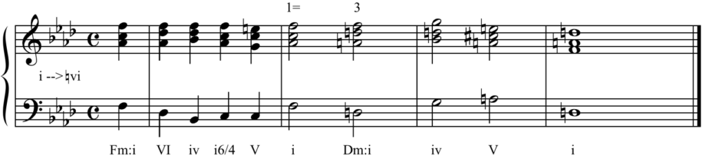 Solution to harmonic dictation. F minor: one, six, four, one-six-four, five, one. D minor: one, four, five, one.