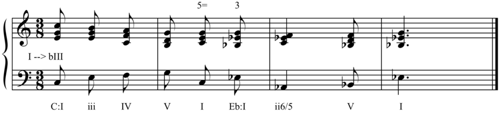 Solution to harmonic dictation. C major: one, three, four, five, one. E-flat major: one, two-six-five, five, one.