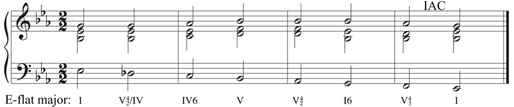 Solution to harmonic dictation. F major: one, five-four-two of four, four-six, five, five-four-two, one-six, five-four-three, one.