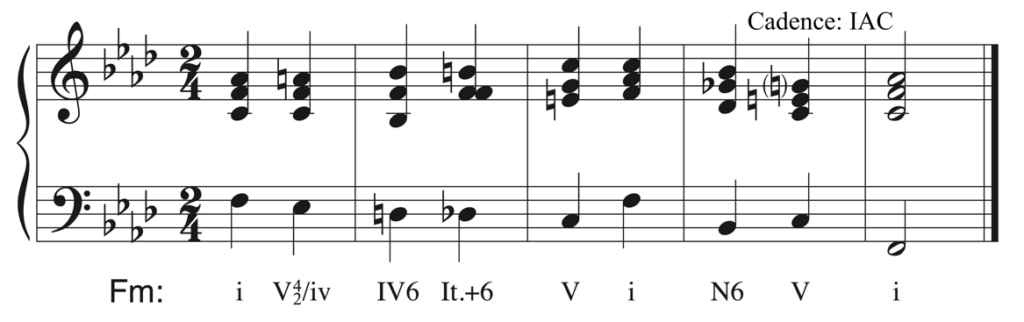 Solution to harmonic dictation. Roman numerals are one, five-four-two of four, four-six, Italian augmented sixth, five, one, Neapolitan sixth, five, one