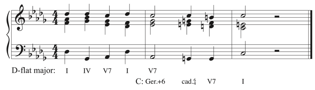 Solution to harmonic dictation.D-flat major: one, four, five-seven, one, five-seven equals C major: German augmented sixth, cadential six-four, five-seven, one