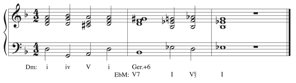 Solution to harmonic dictation.D minor: one, four, five, one, German augmented sixth equals E-flat major: five-seven, one, five-six-five, one