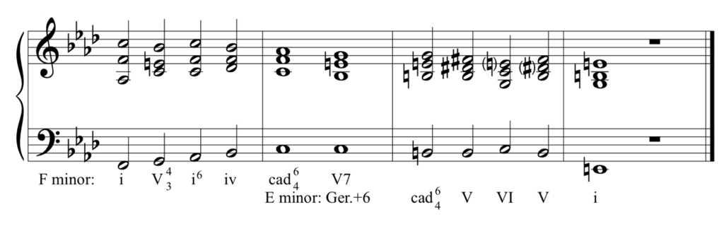 Solution to harmonic dictation. one, five-four-three, one-six, four, cadential-six-four, five-seven equals E minor: German augmented sixth, cadential six-four, five, six, five, one